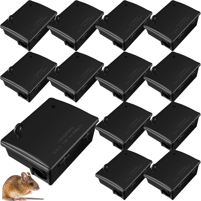 Qualirey Rat Stations Large Rodent with Key Reusable Mouse Stations Mice Blocks Heavy Duty Boxes for Outdoor Rodents Mice Blocks Black(9.8 x 7.5 x 3.9 InchesClassic12 Pack)