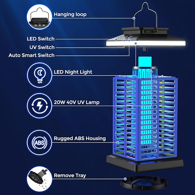 Bug Zapper Outdoor Mosquito Zapper 2 in 1 Portable &amp Rechargeable Bug Zapper Outdoor with 5000mAh Battery &amp LED Night Light 4000V Electric Fly Zapper for OutsidePatioBackyardGarden Blue