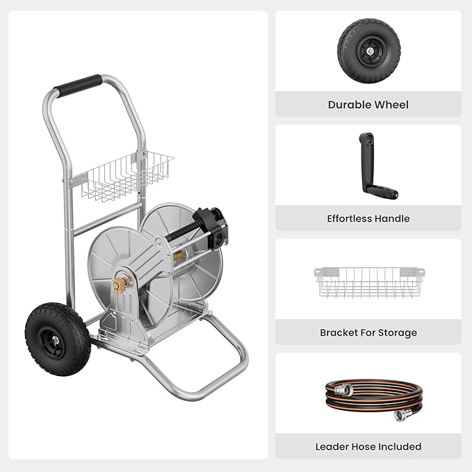 Giraffe Tools Garden Hose Reel Cart with Wheels Stainless Steel Heavy Duty Water Hose Reel Cart 200 ft of 1/2 Capacity Mobile for Outside