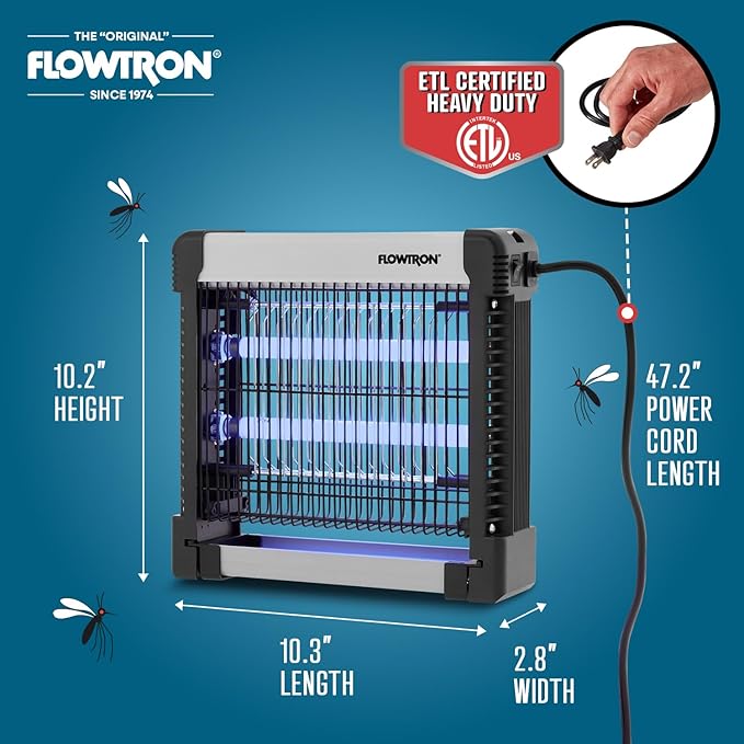 Flowtron Indoor Bug Zapper: 3000V Electric Insect Killer &amp Mosquito Trap - 300 Sq Ft Coverage - 12W Dual UV Light Fly Zapper for Kitchen Bedroom RV &amp Restaurant - Safe Gnat &amp Moth Killer