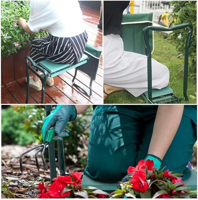 Folding Garden Kneeler and Seat with Tool Pouch Bag Thick Kneeling Pads Soft Decorative Garden Stools Workseats Portable Outdoor Foldable Kneeler Tools Bench