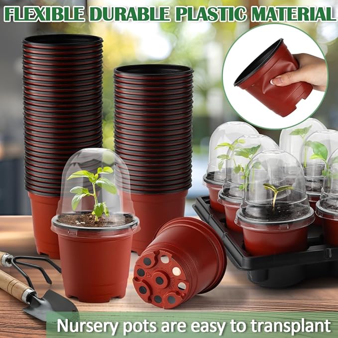 4 Inch 60 Pack Nursery Pots with Humidity Domes &amp 5 Pack 12 Cell Round Seedling Pot Carrying Trays Sturdy Seeds Starter Pot Germination Set Small Planter Nursery Propagation 5 Sets