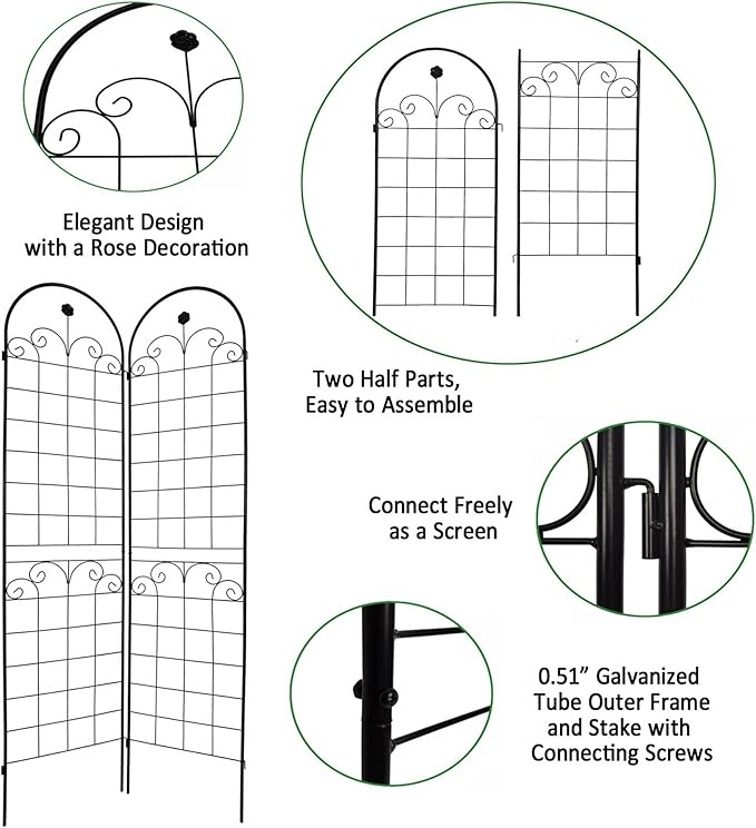 Metal Garden Trellis for Climbing Plants Black 4 Pack Connectable 19.7 x 86.7 Each Panel 80 Total Length Galvanized Tube with Rose Decoration