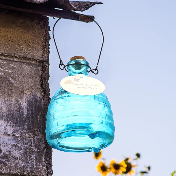 2 Pieces Glass Wasp Trap Outdoor Hanging Reusable Wasp Traps with Steel Hooks Yellow Jacket Catchers Trap for Outside Garden Farm Courtyard Garden Blue