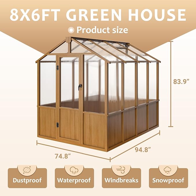 6x8 FT Greenhouse 6MM Thick Polycarbonate Panel Wooden Walk-in Green House with Adjustable Roof Vents and Lockable DoorGarden Backyard Patio Lawn Brown
