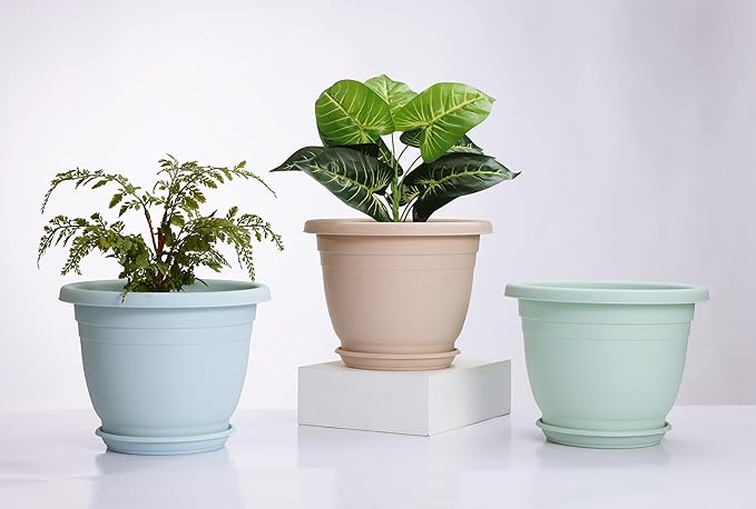 5 Packs 10 inch Plant Pots + Saucer Planters for Indoor &amp Outdoor Plants with Drainage Holes | Plastic Flower Pots Large Planter (Colorful 10 inch)