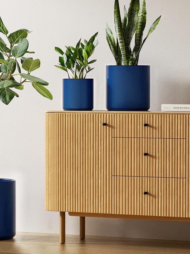 LE TAUCI Ceramic Pots for Plants 10/8/6 Inch Indoor Planters with Draiange Hole Silicone Plug &amp Mesh Pad Modern Minimalist Pots for Home Office Set of 3 Glossy Midnight Blue