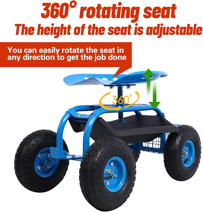 Anwick Rolling Garden Work Seat with Wheels Gardening Stool for Planting 360 Degree Swivel Seat Scooter with Steering Handle &amp Tool Tray/Basket Garden Chair for Outdoor Patio and Yard (Blue)