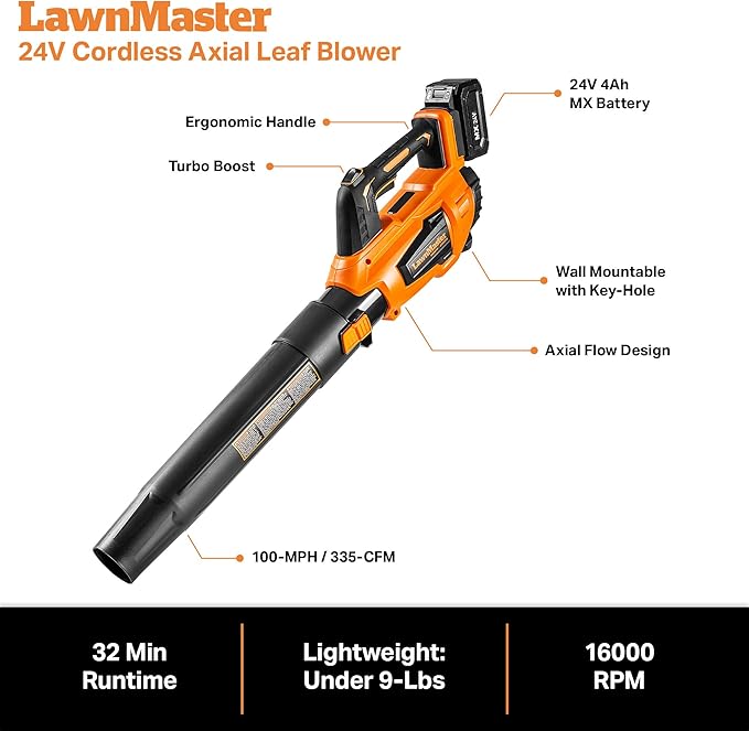 Leaf Blower Cordless LawnMaster Leaf Blower 24V Max with 4.0Ah Battery and a Charger-CLBL2417A