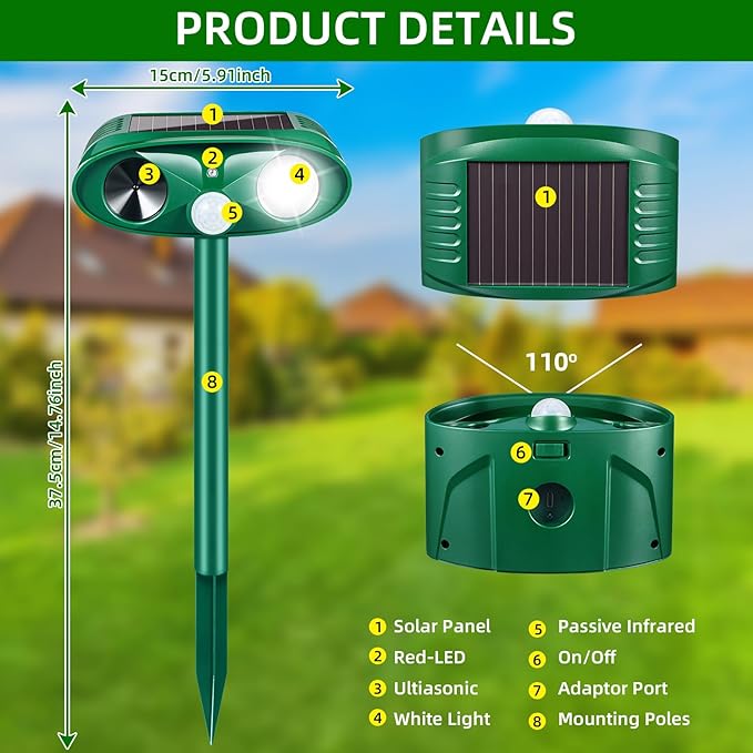 2026 Upgraded Solar Ultrasonic Animal Repellent Outdoor Cat Deer Repellent with Motion Sensor Strobe Light IP65 Waterproof Repeller Keep Rodent Squirrel Raccoon Opossum Skunk Out of Yard Farm4 Pack