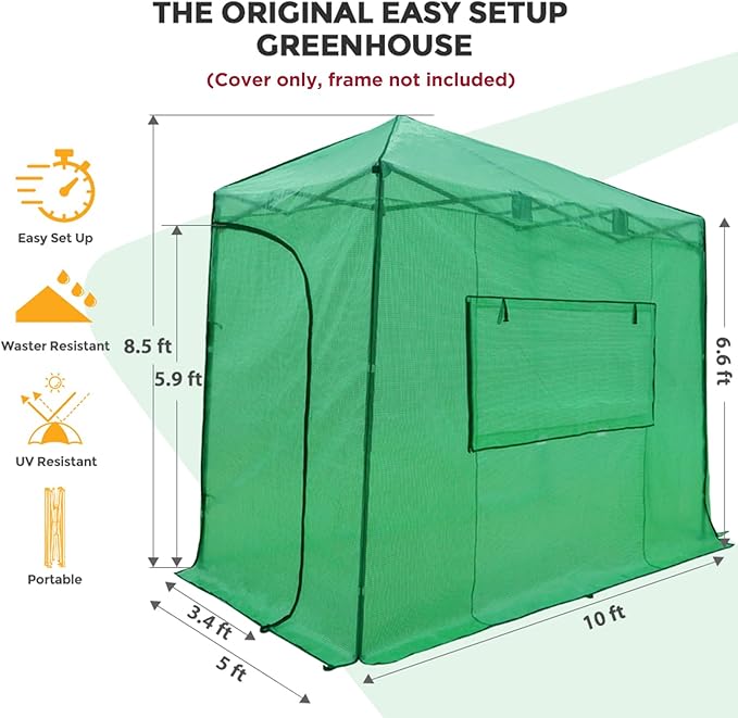 EAGLE PEAK Replacement Cover for 10x5 Portable Lean-to Greenhouse 2 Roll-Up Zipper Entry Doors and 1 Large Roll-Up Side Window (Frame Not Included) Green