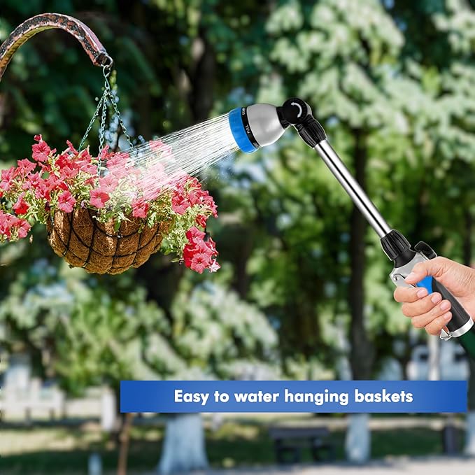 RESTMO Metal Watering Wand Heavy Duty Garden Hose Wand with 180° Swivel Ratcheting Head 16'' Hose Nozzle Sprayer with 7 Spray Patterns and Flow Control for Water Hanging Baskets and Shrubs Blue