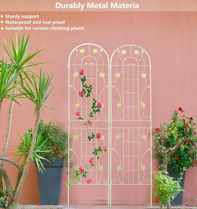 2 Pack Metal Garden Trellis 86.7 H Garden Fence Rustproof Trellis Cream White for Climbing Plants Support Roses Flower Cucumber Outdoor Lawn Cream White
