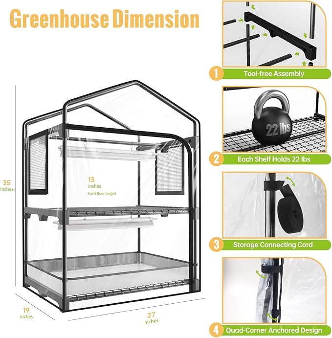 Mini Indoor Greenhouse with Grow Light 2-Tier Plant Stand with PVC Tent Ventilation Window Bottom Pouch 20W Full Spectrum Grow Light with Timer for Seed Starting 27 L x 19 W x 35 H