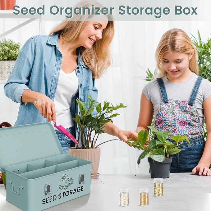 Seed Storage Organizer Box Metal Seed Box Garden Seed Organizer with Lid Seed Containers Storage with 5 Compartments 30 Seed Holder Organizers 100pcs Seed Envelopes (Blue)