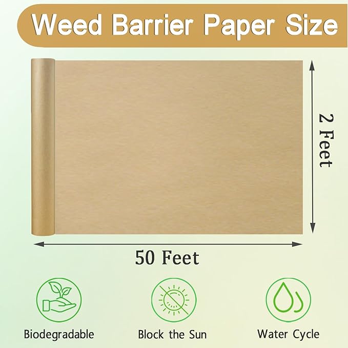 2 x 50 Feet Biodegradable Paper Weed Barrier Biodegradable Landscape Fabric Garden Bed Grass Control Barrier Weed Blocker Paper for Garden Outdoor Lawn (2 x50 ft)