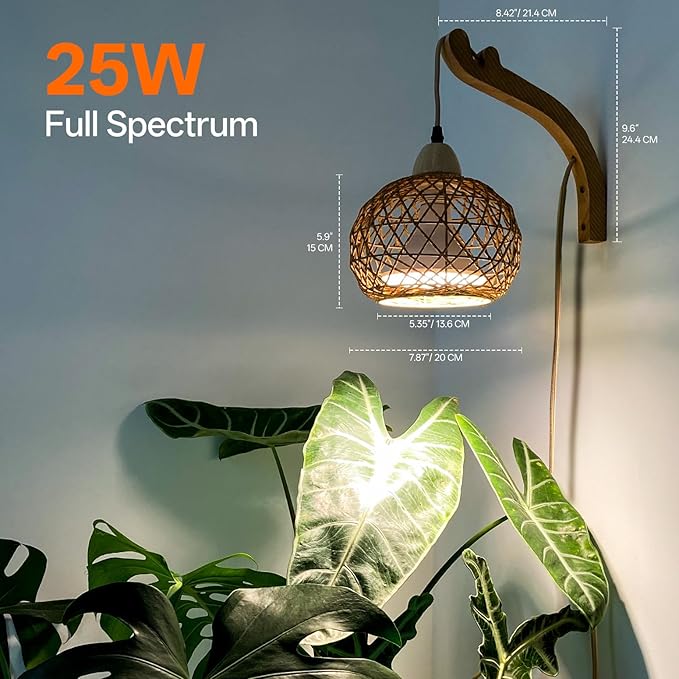 Bstrip Hanging Grow Lights for Indoor Plants 18W Full Spectrum Plant Light Boho Rattan Lantern Shade 3800K Wall-Mounted Decorative Grow Light with 9.8FT Power Cord for Indoor Plant Growing Flowers
