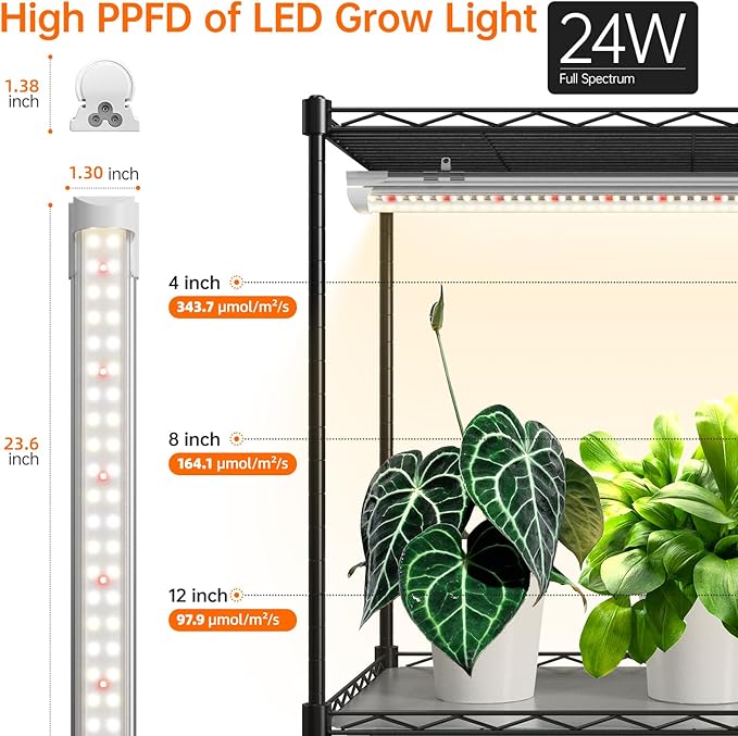 Bstrip 5-Tier Plant Shelf with Grow Light Large L-Shaped or Long Shape Indoor Plant Stand 8 Pack 192W T8 Full Spectrum Grow Lights for Indoor Plants &amp Seed Starting (58L x 13.8W x 59H)