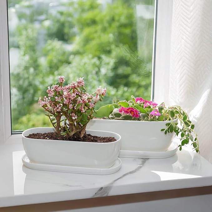 E-liu Ceramic Plant Pots 11+14 inch Set of 2 Planters with Drainage Holes Saucers and Mesh Pads Indoor Flower Succulent Pot with Hole Mesh Pad Gifts for Mom Plants Not Included