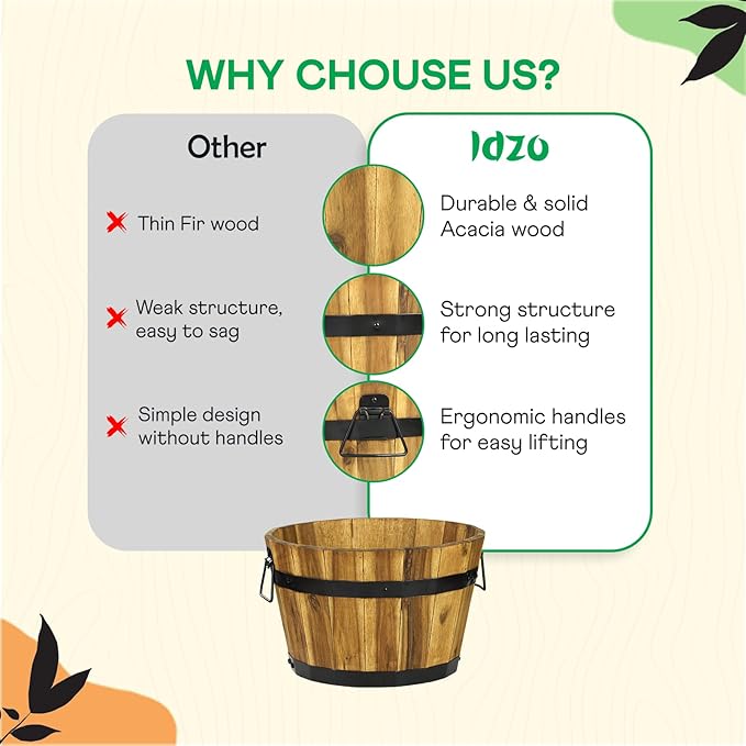 Idzo Set of 3 Wooden Flower Planters for Outdoor Plants Acacia Wood Barrel Planters Ergonomic Handles Drainage Holes Various Sizes Golden Teak