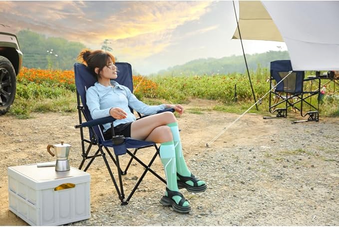 High Back Heavy Duty Lawn Chair Support 250LBS Portable Collapsible Chair with Cup Holder (Navy Blue + Steel)