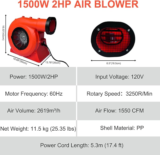 1500W 2HP High Power Bounce House Blower Portable Fan Pump Air Blower Commercial for Large Inflatables Bubble House Water Slides Castle Jump Slides Holiday Decorations