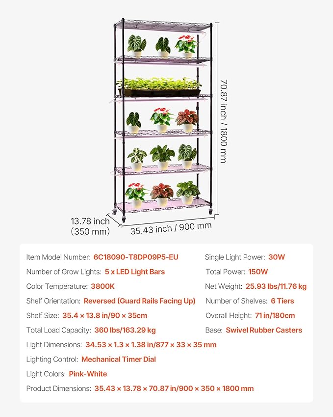 VEVOR Plant Shelf with Grow Light 6-Tier Indoor Plant Stand 71in Tall Indoor Plants Display Rack with Wheels &amp Timer 150W 3800K Full Spectrum Grow Lights Metal Flower Pot Holder for Seed Start