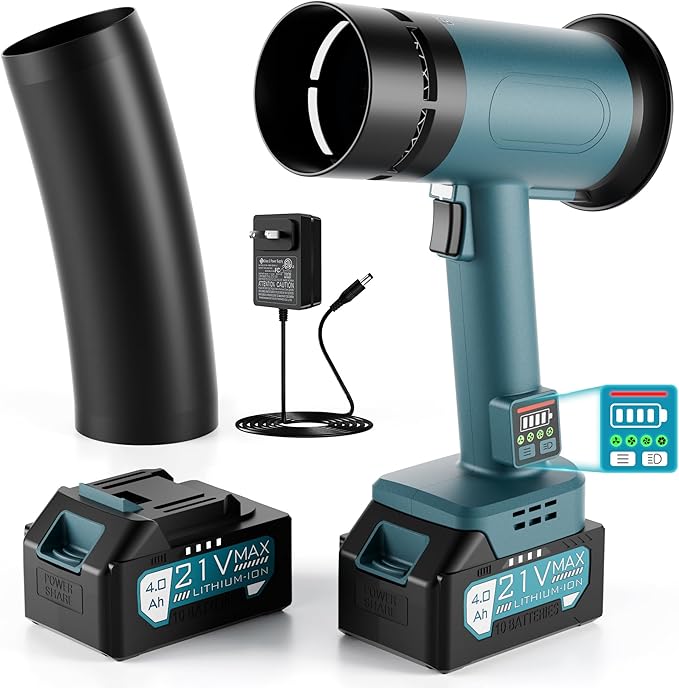 Hamos Powerful Car Dryer Air Blower 670CFM Airflow 4-Speed 4Lb Max Thrust 4.0Ah Battery and Charger 2 Extended Tube &amp LED Super Electric Leaf Blower for Car/Lawn/Garage/Patio/Yard (Black Blu