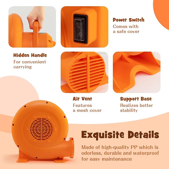 Costzon Air Blower 0.7HP Blower for Bounce House with 25FT SJTW Wire &amp Stakes GFCI Plug ETL 550W Perfect for Inflatable Bouncer Blower Orange IPX4 Air Blower for Inflatables