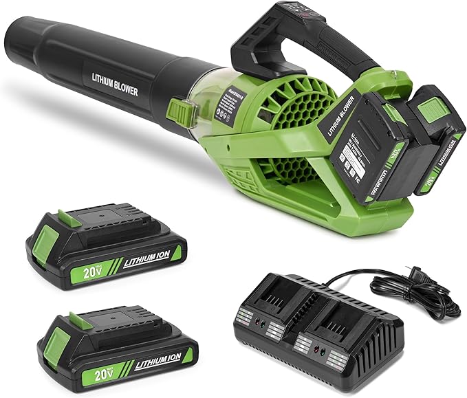 40V Cordless Leaf Blower 420CFM/120MPH Electric Leaf Blower with 2 * 2.0Ah Battery 5 Speed Levels &amp Trubo Mode Powerful Leaf blowers for Lawn CareYardBlowing Leaves Dust SnowGreen