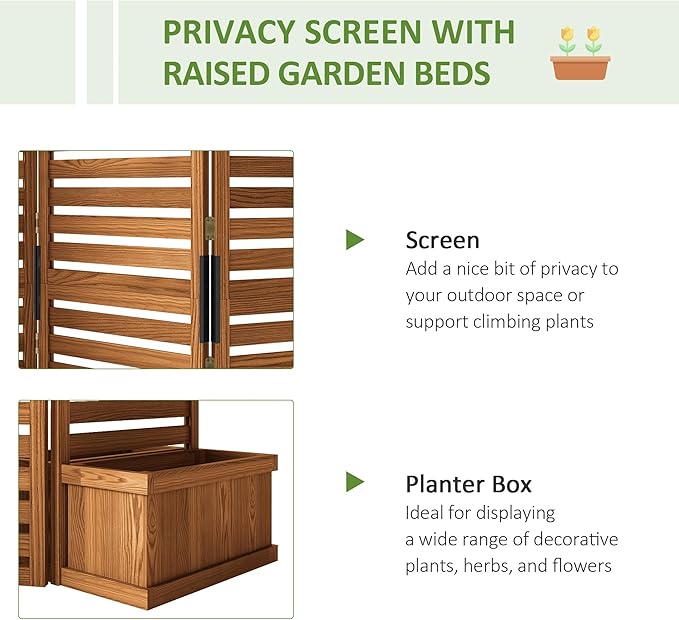Outsunny Freestanding Outdoor Privacy Screen 4 Self-Draining Planters/Raised Garden Beds 3 Hinged Panels for Hot Tub Patio Backyard Deck Natural