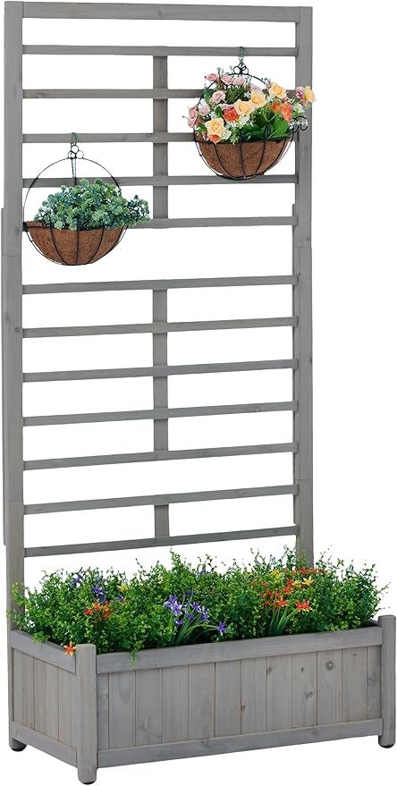 Raised Garden Bed with Trellis Outdoor Wooden Planter Box for Climbing Plants Vegetables Herb Growing