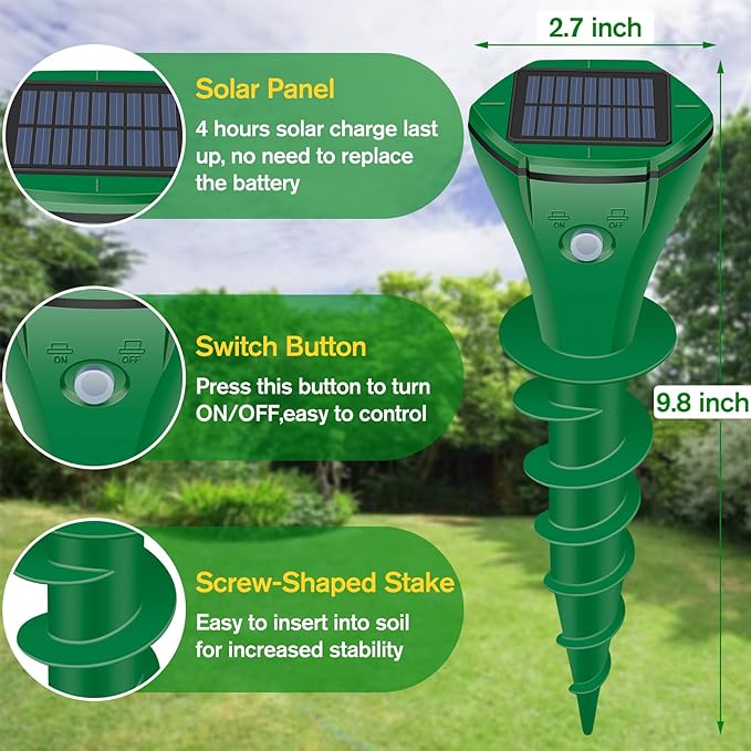 Mole Repellent Solar Powered UltrasonicDeer Repellent DevicesGopher Trap Groundhog RepellerSonic Spikes Get Rid of All Pests Vole ChipmunkCatSkunkSnakeMole Trap for Lawn Garden Yard (4P)