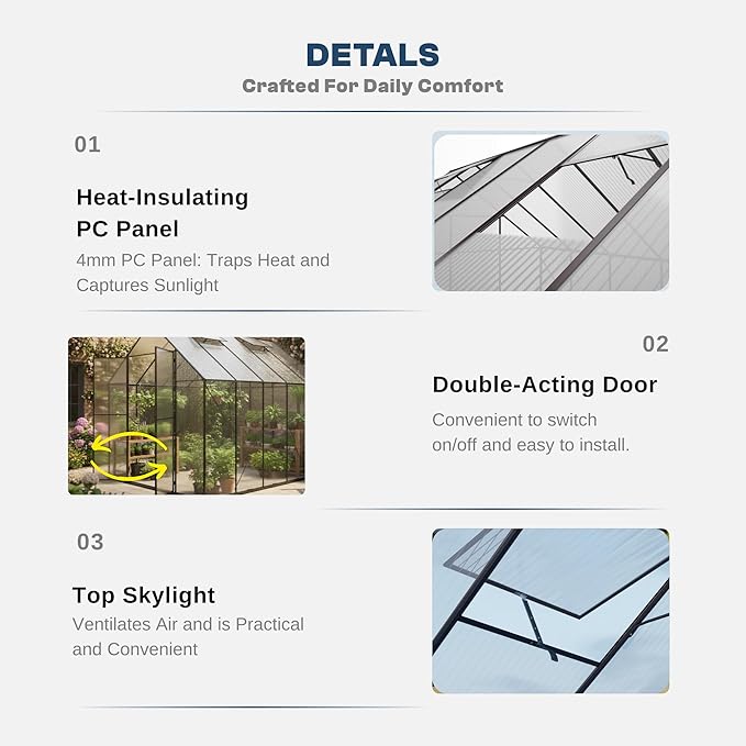 Kingdura 8x10ft Walk-in Greenhouse for Outdoors Large Polycarbonate Greenhouses with Heavy Duty Aluminum Frame Adjustable Roof Vent Lockable Door UV Protection for Outside Garden Backyard