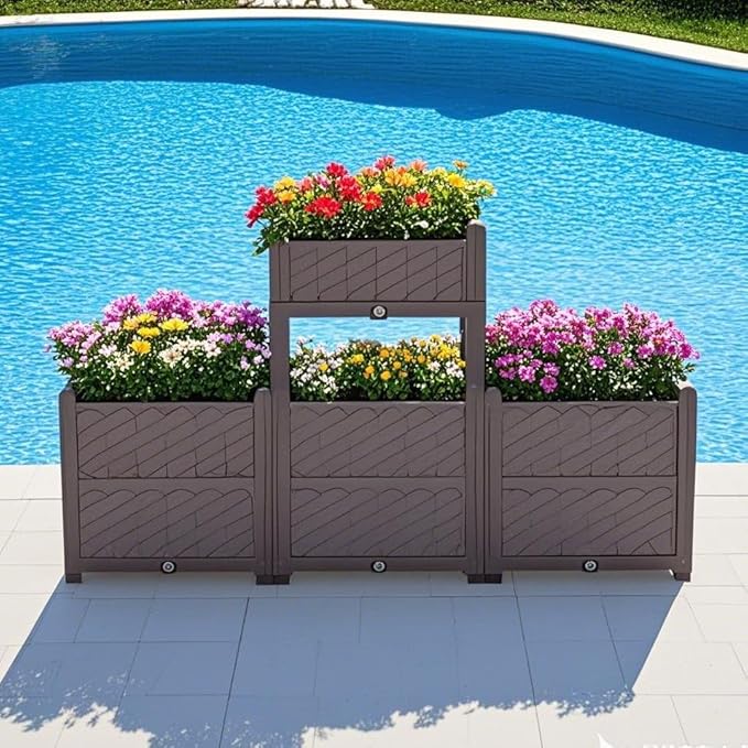 Rectangular Raised Garden Bed Kit Indoor Outdoor Plastic Planter Grow Box for Fresh Vegetables Herbs Flowers Succulents Brown BM133