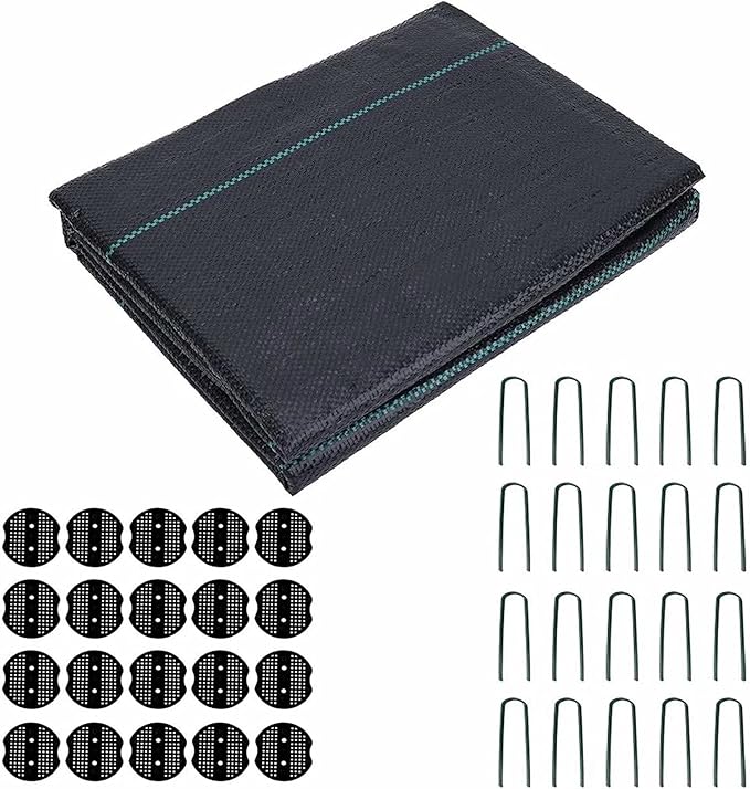 3.175oz 4x50 Feet Weed Barrier Landscape FabricHeavy Duty Weed Barrier Woven Weed Control Fabric Gardening Mat with 20Pcs Garden Sod Staples and Pads for Outdoor Garden Lawn Supplies