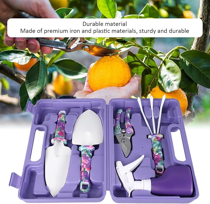 5 Piece Garden Tools Set with Gloves Gardening Hand Tools Kit with Storage Bag with Cultivator Rake Shovels Branch Scissors Spray Can