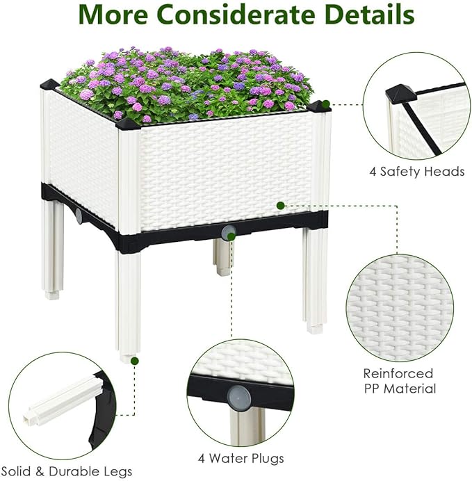 S AFSTAR Raised Garden Bed Kit Set of 4 Elevated Planter Boxes with Self-Watering Design &amp Removable Legs Outdoor Plastic Planter Box for Patio Yard Balcony Gardening Rattan Pattern (White)