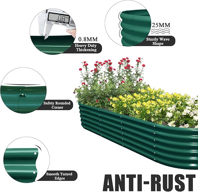 1 Pack 8x3x1.5FT Galvanized Raised Garden Bed Kit Oval Metal Ground Planter Box Outdoor Bottomless Planter Raised Beds for Vegetables Flowers Herbs Fruits Green