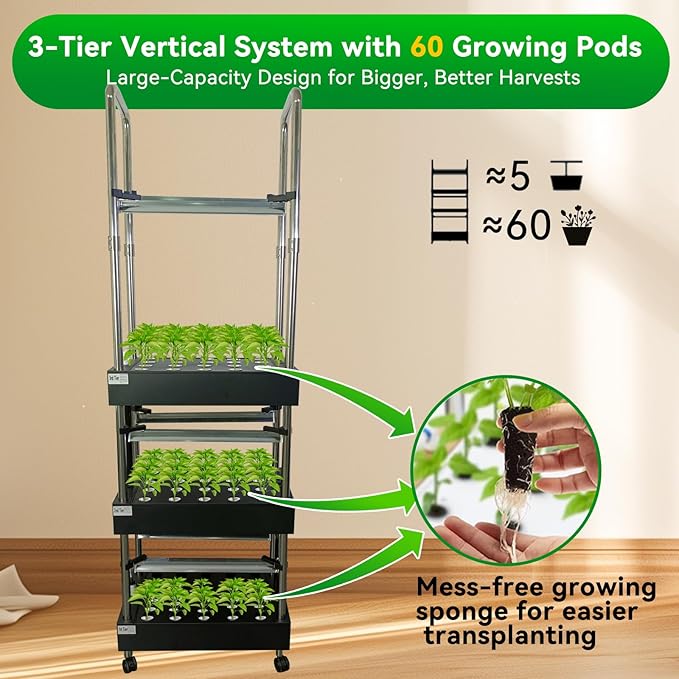 Upgraded 3-Tier Hydroponics Growing System Kit 60-Pod Indoor Garden with Adjustable Full-Spectrum LED Grow Light Auto Water Circulation Smart Growing System for Herbs Vegetables &amp Climbing Plan