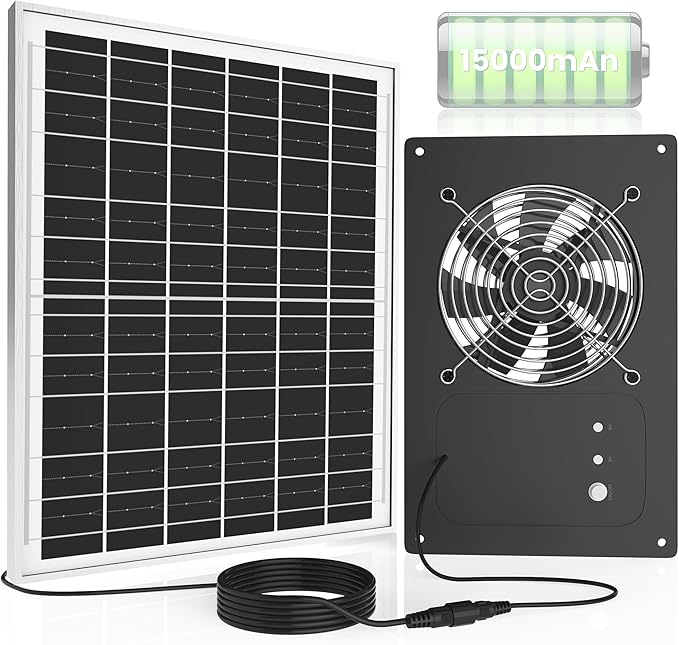 Solar Fan with Battery 15000 mAh and Timer - 25W Powered Exhaust Fan High Wind Speed Rainproof for Outdoor Greenhouse Chicken Coop Doghouses Shed Vent Windows