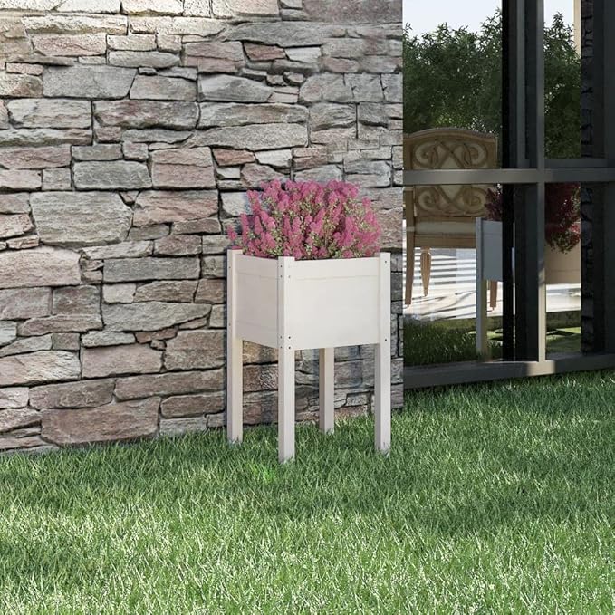 White Solid Pinewood Planter Square Garden Bed Outdoor Tall Raised Planter Box for Patio 15.7x15.7x27.6 Inch