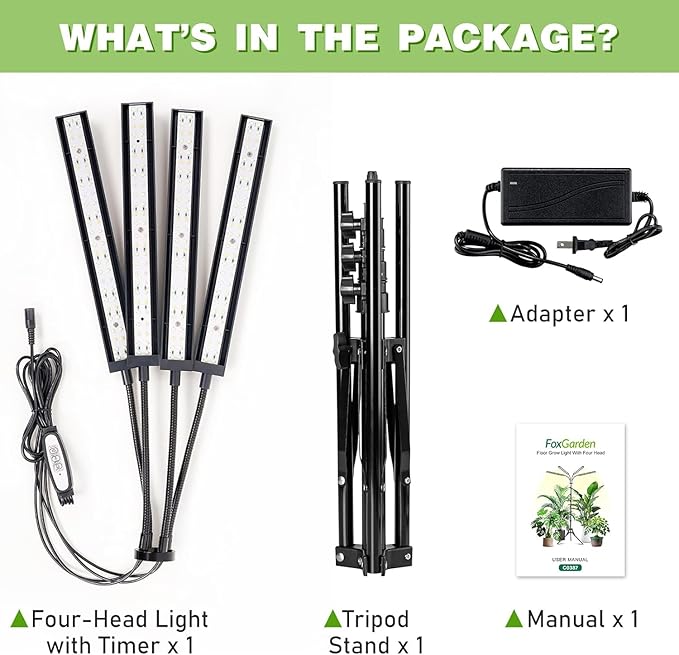 FOXGARDEN Grow Lights for Indoor Plants Full Spectrum with Tripod Stand Tall Grow Lights for Indoor Growing with Flexible Gooseneck Four-Head Plant Light with 4/8/12H Timer &amp 4 Brightness Levels