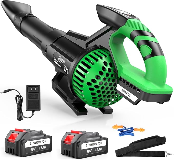 Leaf Blower Cordless with 2X 5500 mAh Battery and Charger 710 CFM/180 MPH Brushless Electric Leaf Blower with Shoulder Strap 3-Speed Modes Powerful Handheld Blowers for Lawn Garden Yard Care