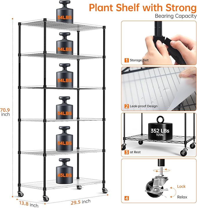 Bstrip DIY Plant Shelf with Grow Light Grow Light Shelf with Adjustable Rack and Wheels Plant Stand 8-Pack 192W T8 Full Spectrum Lamps ideal for Seed Starting Seed Tray 29.5L x 13.8W x70.9H