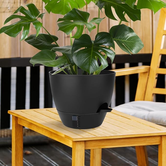 Self-Watering Plant Pots with Water Level Indicator Drainage Holes &amp Saucers – 12/10/9 Inch Large Plastic Planter Set for Indoor &amp Outdoor Plants (Pure Black)