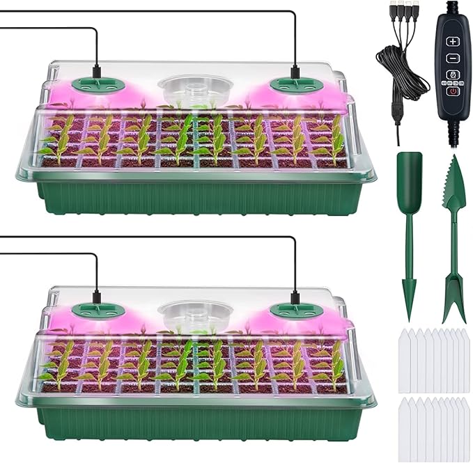YAUNGEL Seed Starter Tray with Grow Light Seed Starter Kit with Timing Controller Adjustable Brightness80 Cells Seed Starter Tray for Indoor Planting with Humidity Domes Heightened Lids 2 Pack