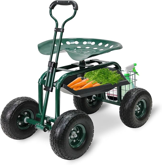 BESTHLS Garden Cart with Seat on Wheels Rolling Gardening Stool with Wheels Heavy Duty for Planting with 360 Degree Swivel Seat Steering Handle &amp Utility Tool Tray