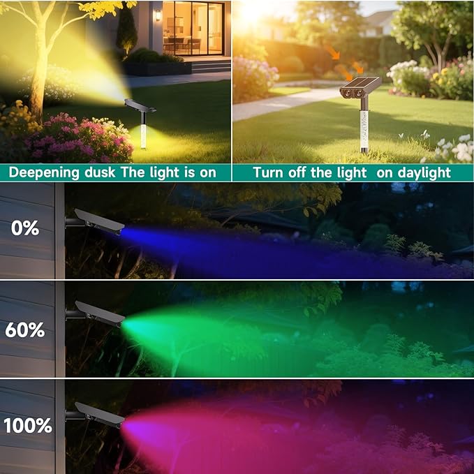 RGB Solar Spot Lights : 2 IN 1 Solar Lights Outdoor with 8 Lighting Modes &amp PC Light Guide Column for Tree Garden Yard Pathway | RGB Color Changing Landscape Lights | IP65 Waterproof | 6 Pack