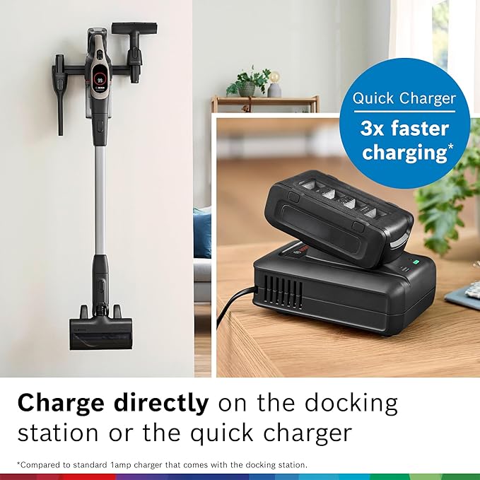 Bosch Unlimited 9 Cordless Stick Vacuum Cleaner - Up to 60 Min Battery Fast Charger Multi-Surface Vacuums Pet Hair Hard Floors and Carpets HEPA Filter 3 Accessories Dark Cream